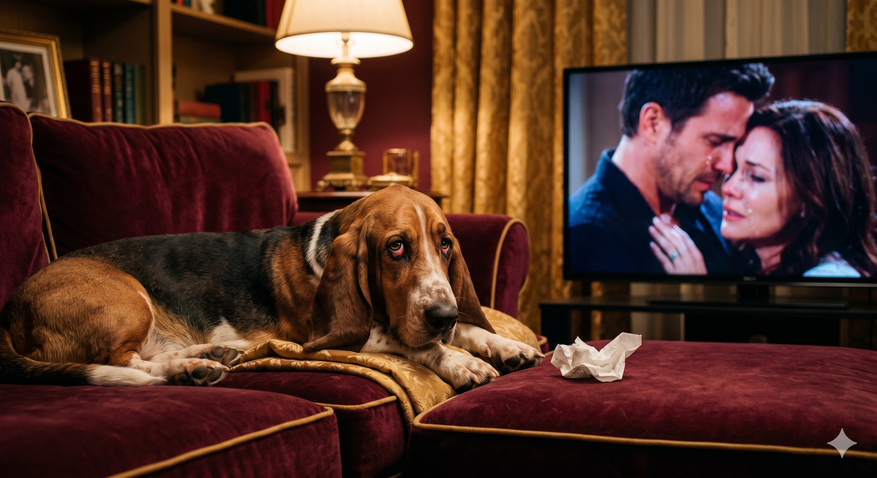 Basset hound watching a romantic soap opera on TV