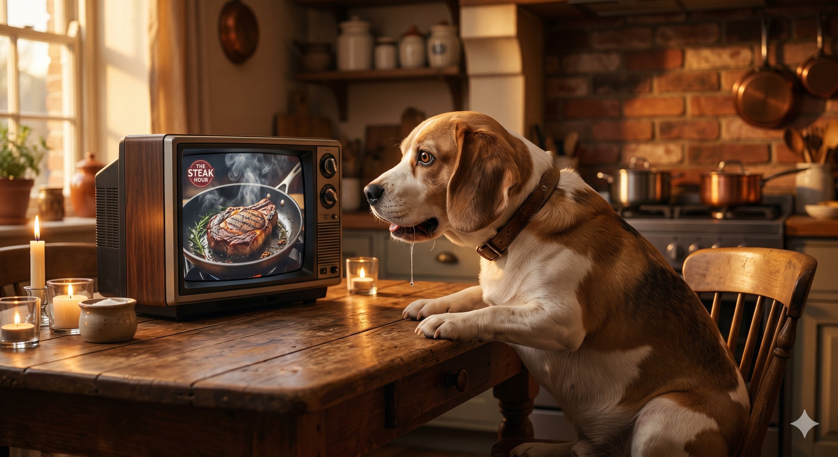 Beagle drooling at The Steak Hour on a retro TV