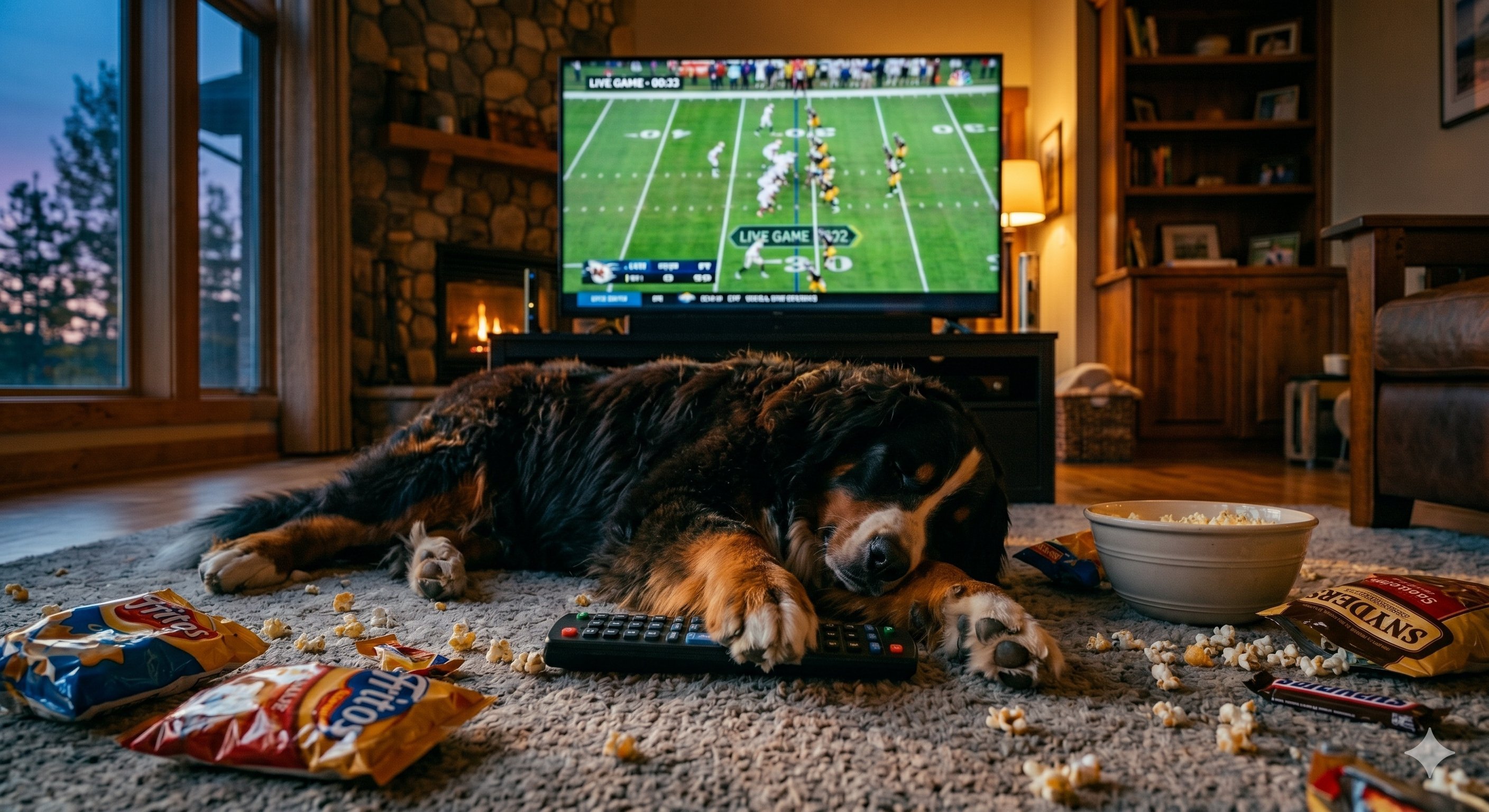 Bernese mountain dog asleep on floor with remote and snacks