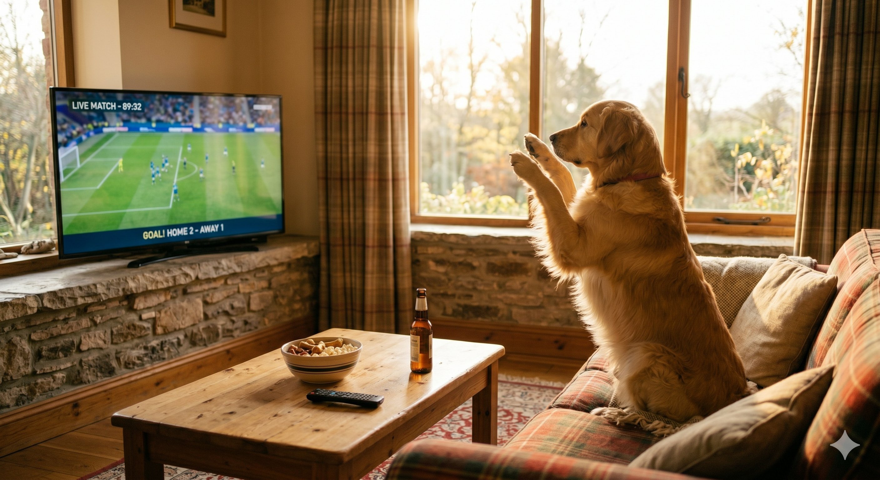 Golden retriever cheering at a soccer match on TV