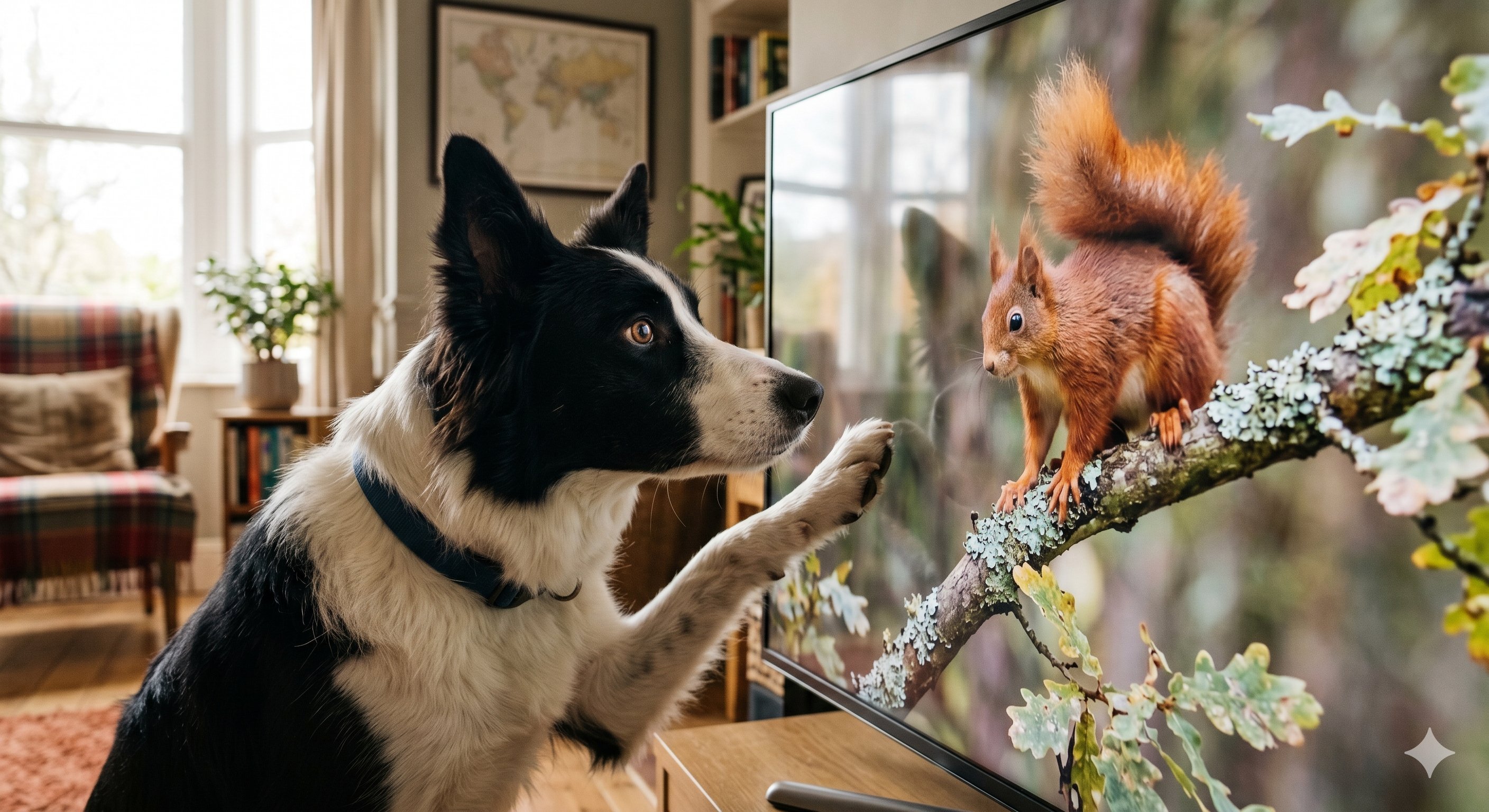 Border collie pressing paw against TV showing squirrel